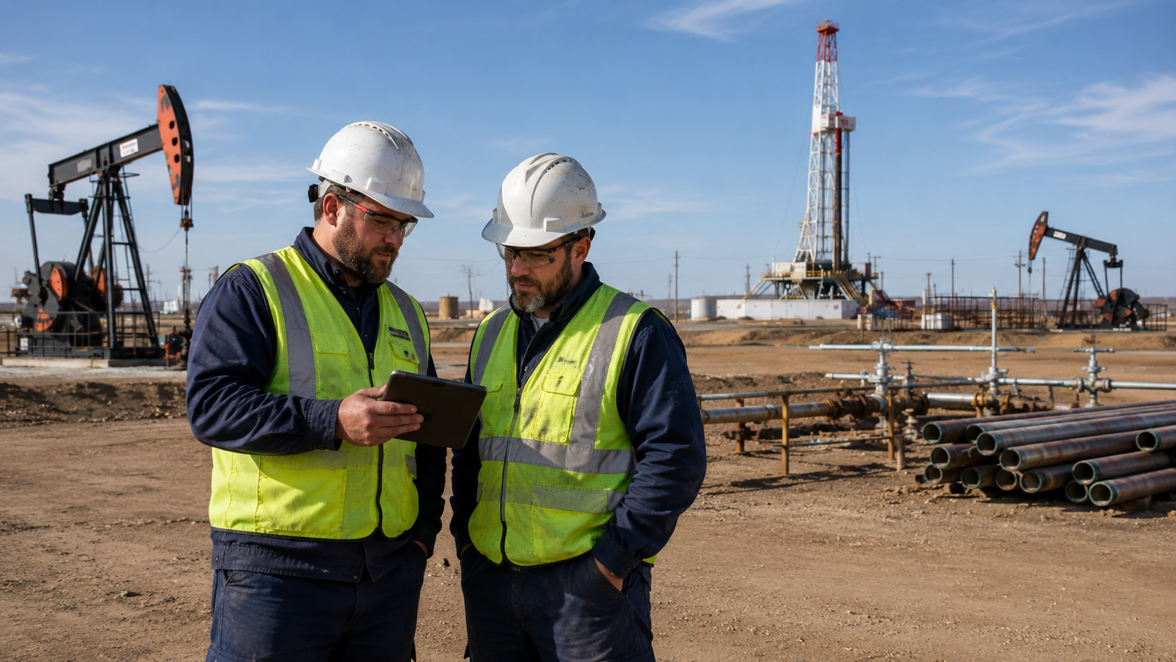 Two field workers reviewing a tablet on site