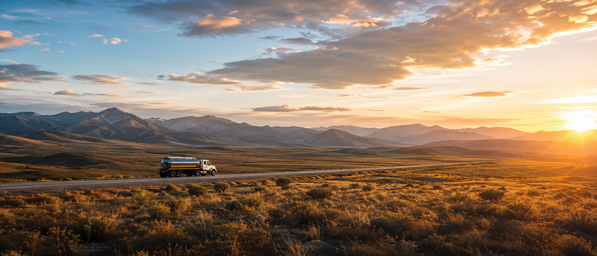 Tanker truck on a desert road at golden sunset