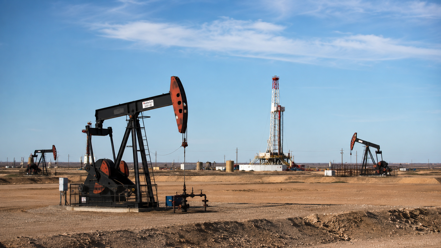 Oilfield with pumpjacks and a drilling rig